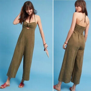 Anthropologie Elevenses Tropicale Jumpsuit in Olive Size 12 Jacquard
